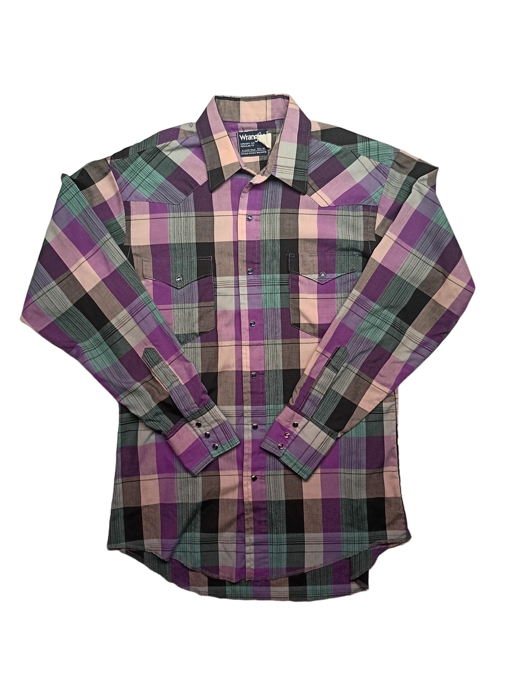 Vintage Wrangler Plaid Button-Down Shirt in Purple, Green, Black